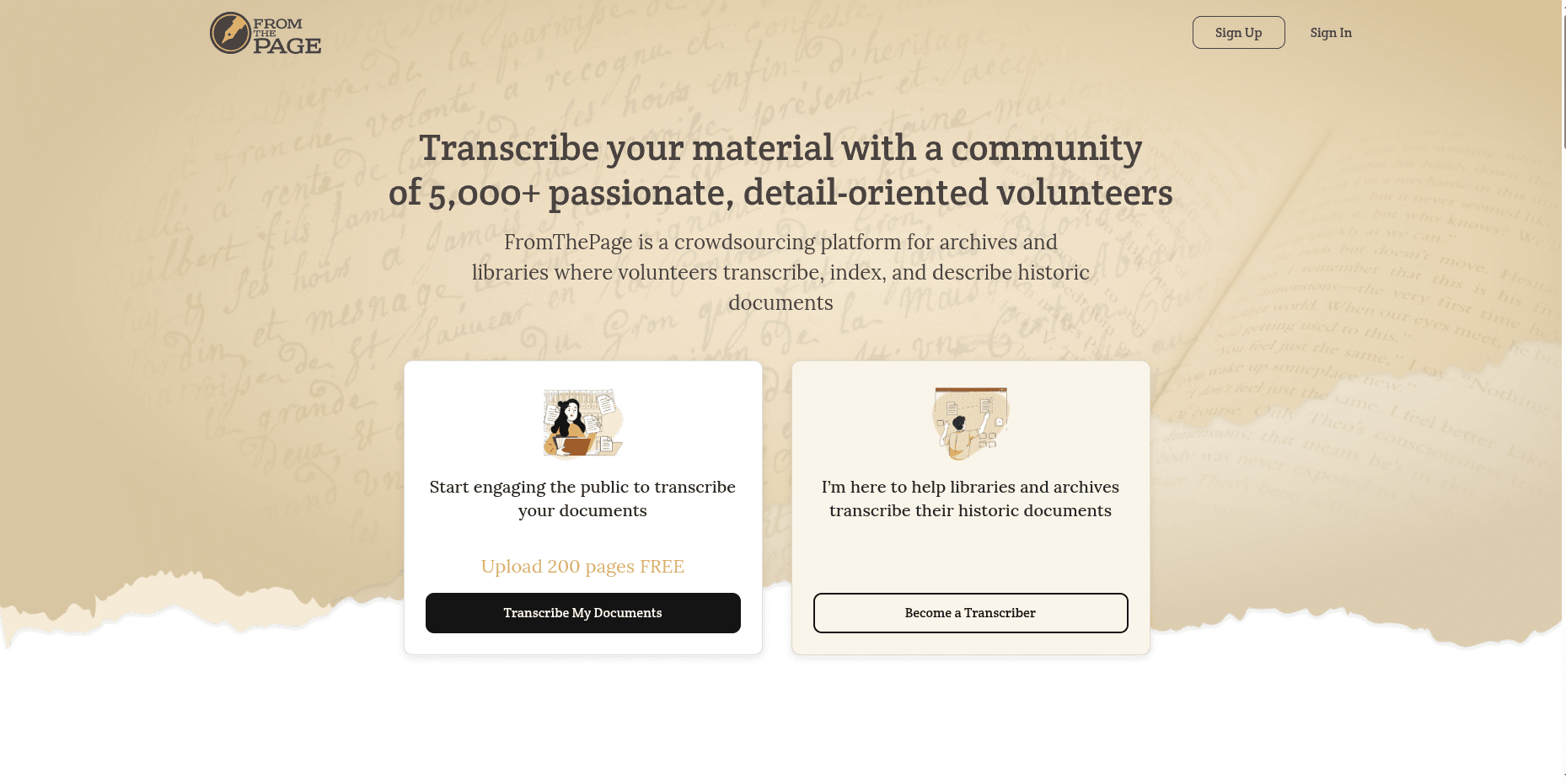 FromThePage homepage preview